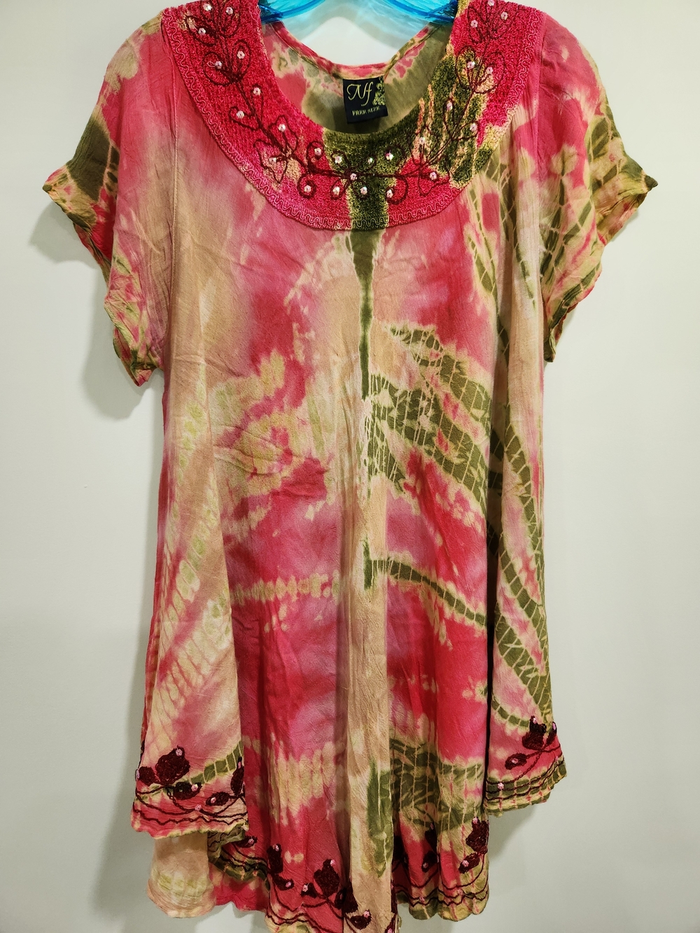 Embroidered Tie-Dye Short Sleeve Tunic - Pink & Olive